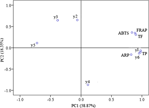 Principal component analysis loading plot of antioxidant activity and chemical compositions of phenolic acid and flavonoids from C. loureirii bark. y1, y2, y3, y4, y5, y6, TP and TF represent hyperoside, epicatechin, rutin, ellagic acid, protocatechualdehyde, procyanidin B2, total phenolic and total flavonoid, respectively.