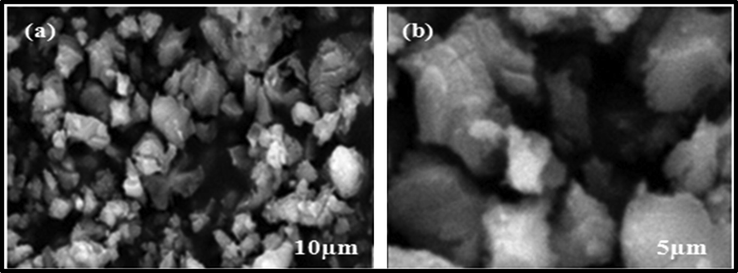 SEM analysis of MM-CaO (a) at 5 K Magnification (b) at 25 K Magnification.