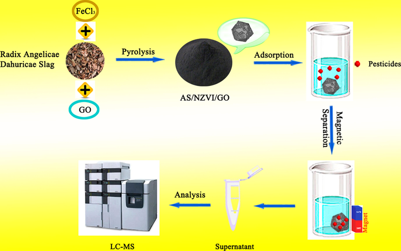 The procedure for the synthesis of AS/NZVI/GO and the process of pesticide adsorption.