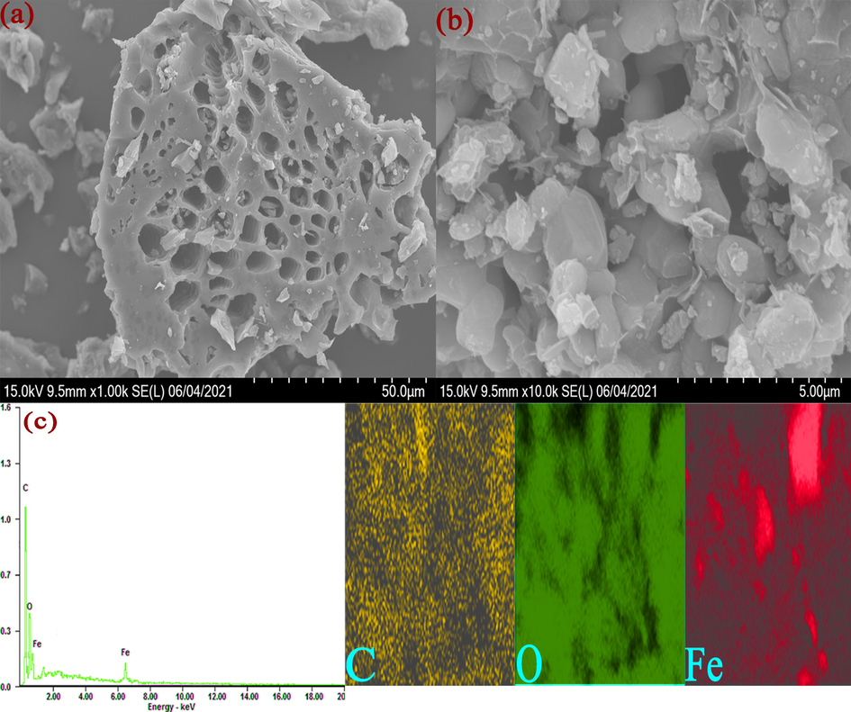 (a) and (b) The SEM images of AS/NZVI/GO. (c) showed the result of EDS and element mapping.