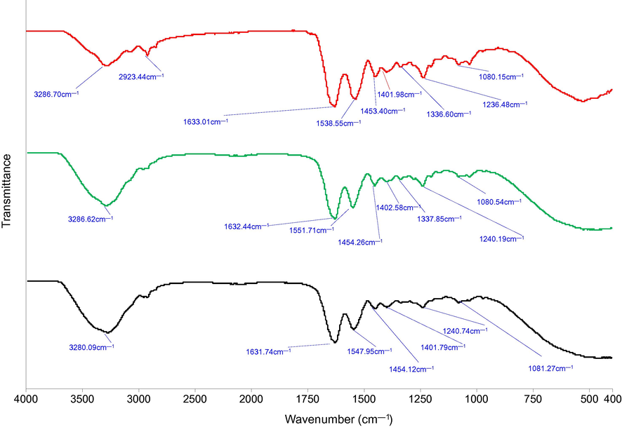 Fourier transform infrared (FTIR) spectra of ostrich carotid artery tissue. Black, original; red, after dimethyl ether (DME) treatment; and green, rewetted after DME treatment.
