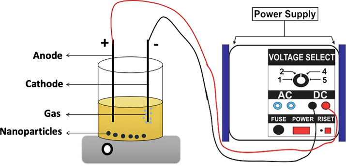 The illustration of electrochemical synthesis of iron-based nanoparticles.