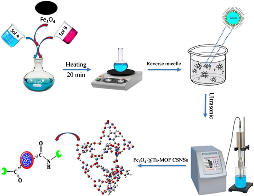 The synthesis of Ta-MOF@Fe3O4 nanostructures via ultrasound assisted reverse micelle (UARM) by Sargazi et al. (2018).