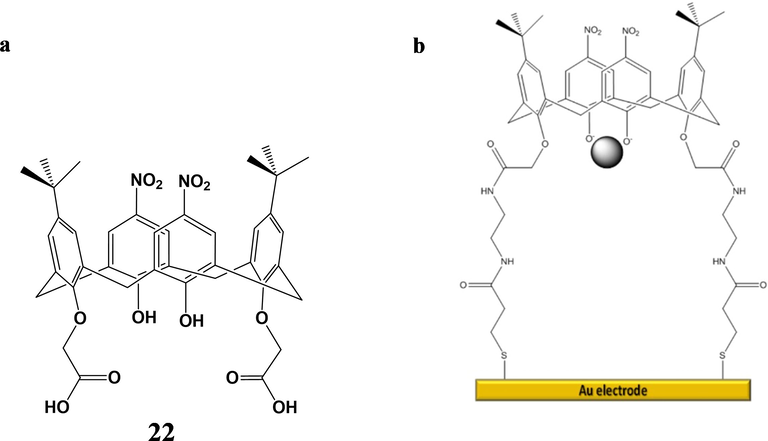 a) The structure of dicarboxyl-calix[4]arene. b) The proposed binding interaction of the COOH–C4 electrode with Pb (II) ion (Bingol, 2010). Copyright Wiley-VCH GmbH. Reproduced with permission.