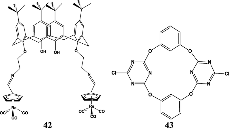 The structure of 42) p-tert-butylcalix[4]arene-bis-cyrhetrenylimine (Cy2(Calix[4]) (Pizarro, 2019) 43) tetraoxocalix[2]arene [2]triazine (TOCT) (Zou, 2012).