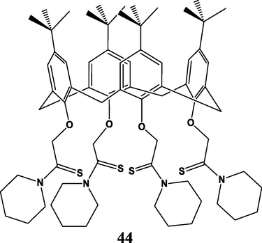 The structure of calix[4]arene tetrathioamide ligand (Torma, 2009).