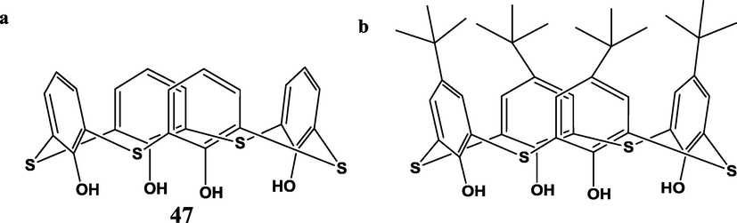 The structure of a) thiacalix[4]arene (TCA[4H]) b) p-tert-butylthiacalix[4]arene (TCA[4 + ]) (Ali, 2006).