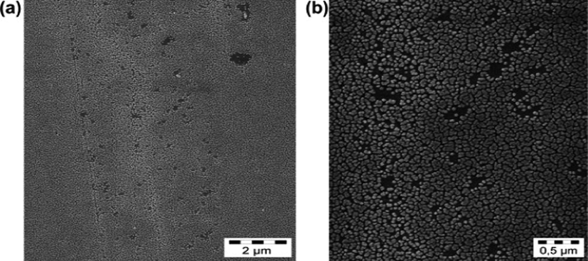 SEM pictures of azo-calix[4]arene thin film deposited on a gold electrode a) at 2 μm, b) at 0.5 μm (Ebdelli, 2011).