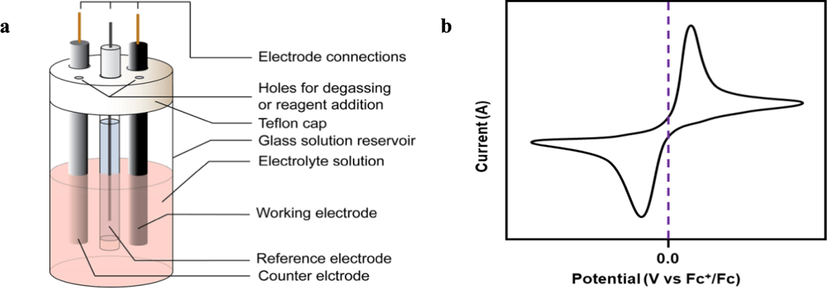 a) Schematic representation of an electrochemical cell for CV experiments. b) Voltammogram of the reversible reduction of a 1.0 mM Fc+ solution to Fc, at a scan rate of 100 mV s−1 (Elgrishi, 2018). https://pubs.acs.org/doi/10.1021/acs.jchemed.7b00361, further permissions related to the material excerpted should be directed to the ACS.