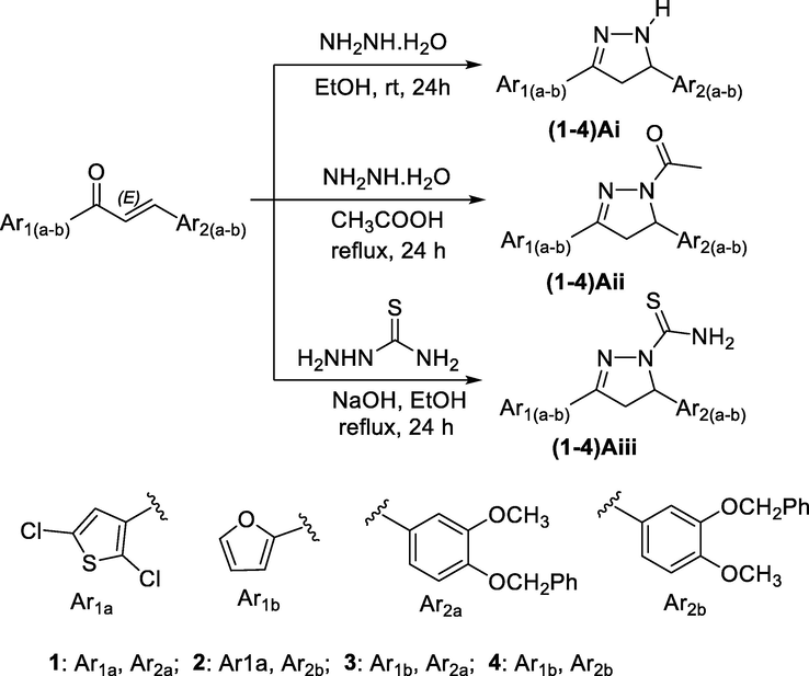 Synthesis of pyrazoline derivatives (1–4)A(i-iii).