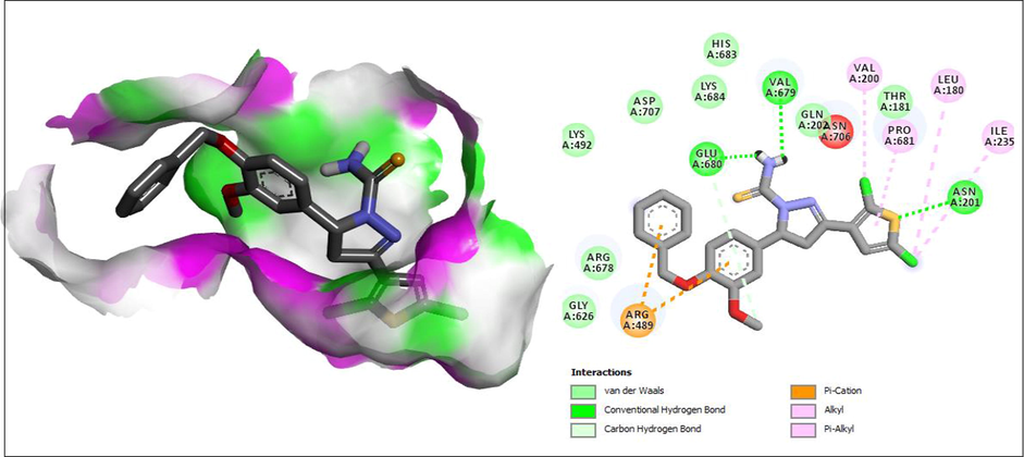 The best predicted binding poses of (a) 2D- and (b) 3D-molecular structure interaction of compounds 1Aiii with 2DQS.PDB. In the scaffold, green color represents the carbon atoms, red for oxygen, sky blue for fluorine, dark blue for chlorine, and pale blue for the nitrogen atom.