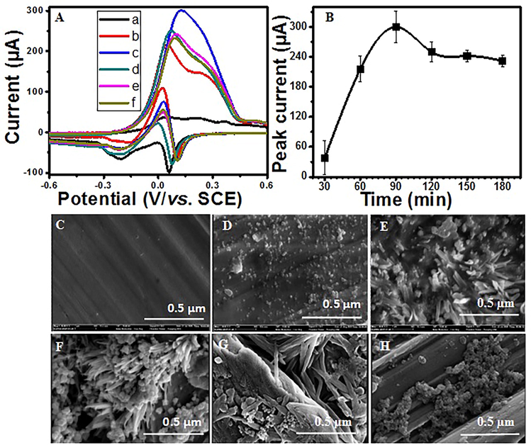A) Cyclic voltammograms recorded in 4 M NaOH solution at 100 mV/s in the presence of 2 μg/mL of 3-MCPD at different immersion times of the Au electrode in the colloidal solution of Cys-AgNPs. B) Peak of their intensity as a function of immersion time (a) 30, (b) 60, (c) 90, (d) 120, (e) 150 and (f) 180 min. SEM image obtained at: C) 0 min; D) 30 min; E) 60 min; F) 90 min; G) 120 min and H) 180 min of immersion of the Au electrode in Cys-AgNPs solution.
