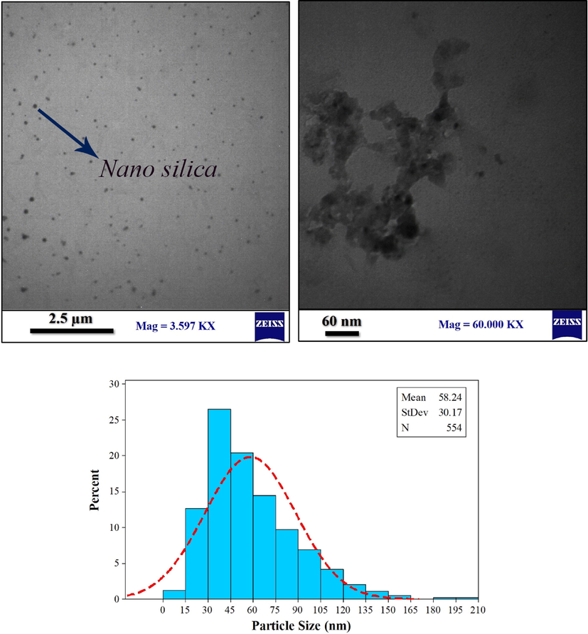 TEM images and size-distribution histogram of silica nanoparticles with SDS.