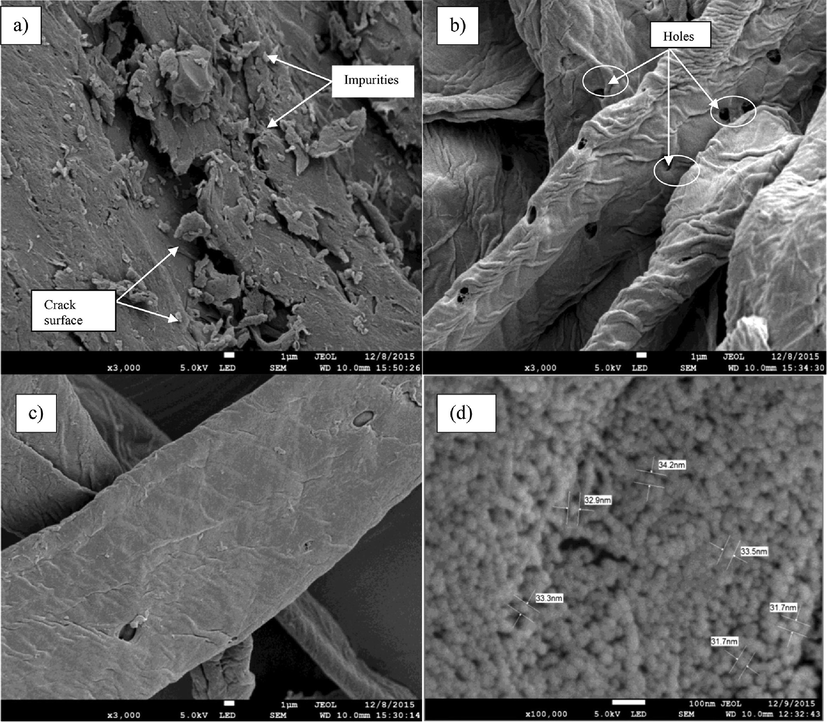 FESEM images of raw empty fruit bunches, empty fruit bunch pulp, alkaline-treated empty fruit bunch pulp, and cellulose nanocrystals. Adapted with permission from (Zianor Azrina et al., 2017).
