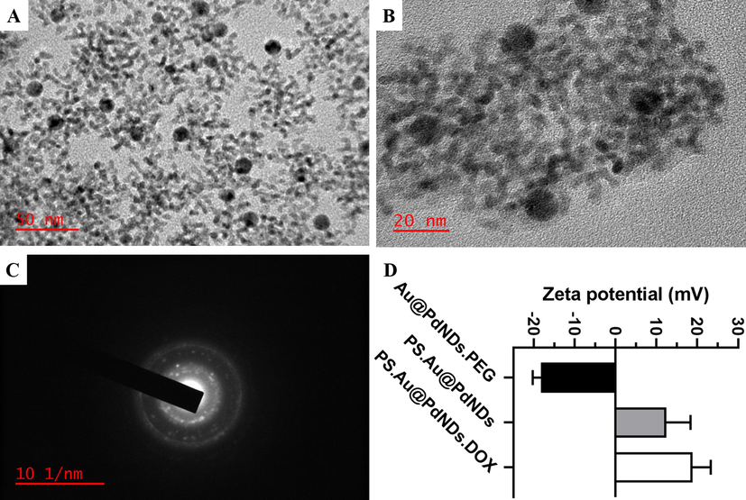 Characterization of PS.Au@PdNDs. (A) TEM image, (B) HRTEM of PS.Au@PdNDs.DOX, (C) Selected-area electron diffraction (D) Zeta-potential changes accompanying the formation of PS.Au@PdNDs.DOX nanocarrier (n = 3).