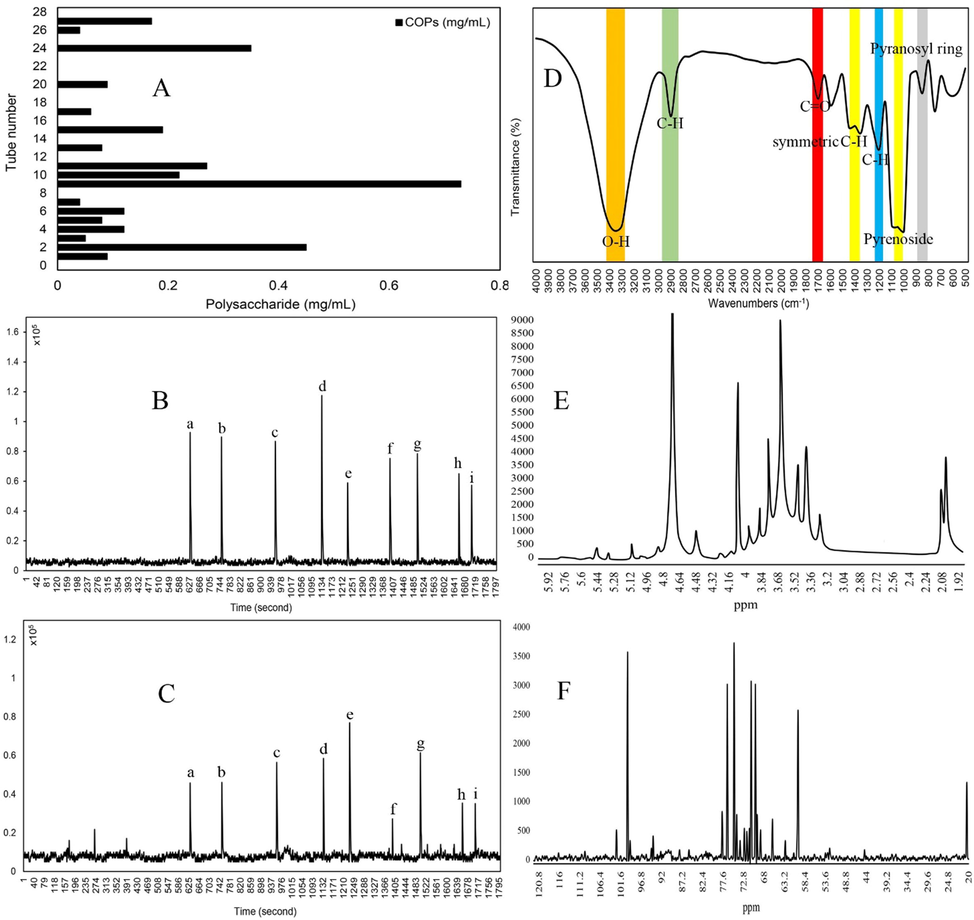 (A) The elution profile of the Curculigo orchioides polysaccharide (COPs) on a cellulose DEAE sepharose fast flow chromatography eluted with stepwise gradient of NaCl aqueous solutions (0, 0.1, 0.2 and 0.3 M) at a flow rate of 1.0 mL/min. GC–MS analysis of standard (B) monosaccharide (a: Rha, b: Ara, c: Fru, d: Xyl, e: Man, f: Glc, g: Gal, h: Glu A and i: Gal A) and (C) Curculigo orchioides polysaccharide. (D) Infrared Spectrum of Curculigo orchioides polysaccharide. (E) 1H NMR spectrum of Curculigo orchioides polysaccharide. (F) 13C NMR spectrum of Curculigo orchioides polysaccharide.