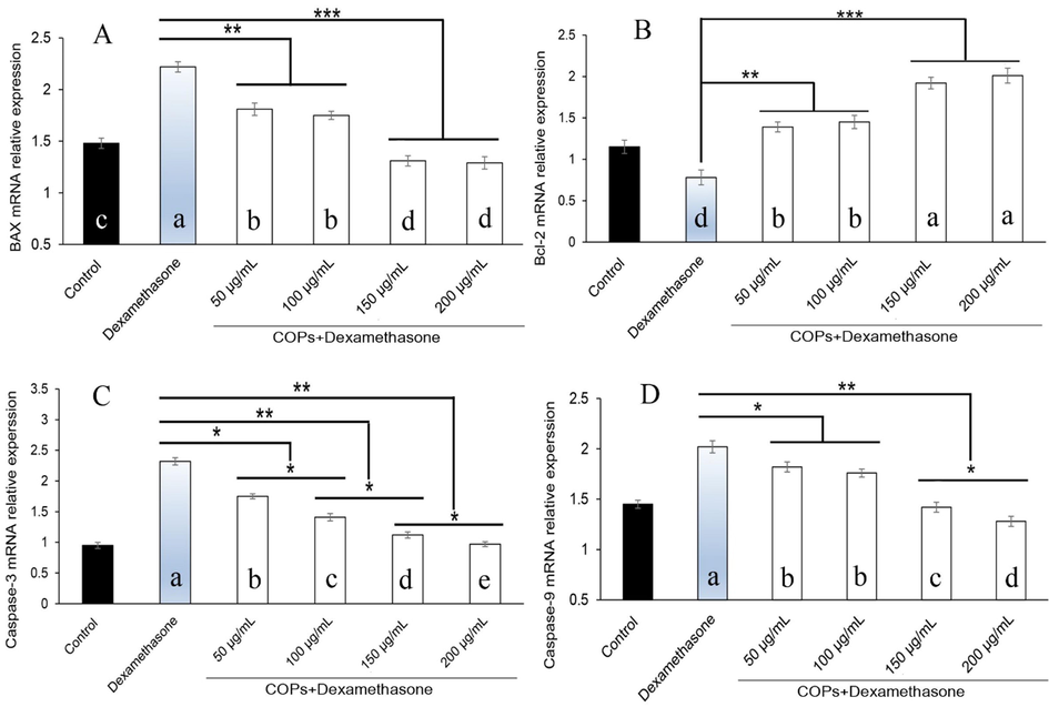 Effects of Curculigo orchioides polysaccharide on (A) BAX, (B) Bcl-2, (C) Caspase-3, and (D) Caspase-9 expression of human primary osteoblasts cells induced by dexamethasone (1 µM). Statistical differences were measured at level of *P < 0.05, **P < 0.01, and ***P < 0.001.a,b,c,d,e Least square means with different letters in superscripts are different at *P < 0.05.