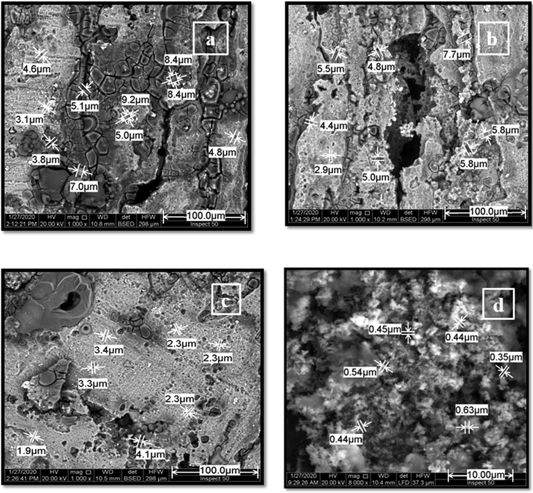 Particle size distribution of inhibited Al using SEM analysis with 10–3 M of (a) PD, (b) PA, (c) ADT and (d) EMMD.