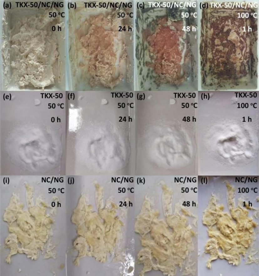 Photos of TKX-50/NC/NG (a, b, c, d), TKX-50 (e, f, g, h) and NC/NG (i, j, k, l): (a, e, i) before heating, (b, f, j) and (c, g, k) heating at 50 °C for 24 h and 48 h, (d, h, l) heating at 100 °C for 1 h.