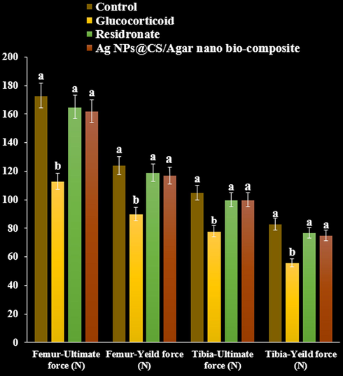The effect of Ag NPs@CS/Agar nano bio-composite on yield and ultimate forces (Femur and tibia) using compression test in osteoporosis induced by Glucocorticoid in rats.