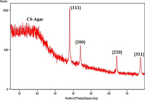 XRD pattern of the Ag NPs@CS/Agar nano bio-composite.