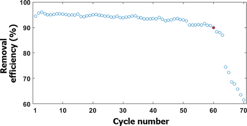 Heavy metal ion removal efficiency after successive regenerations of the adsorbent.