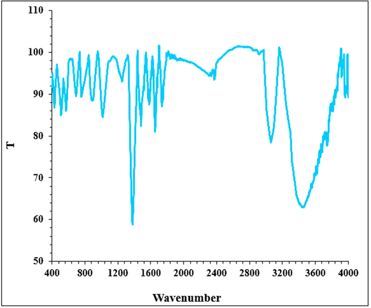 FT-IR Spectrum of FeNPs synthesized using Centaurea alba extract.