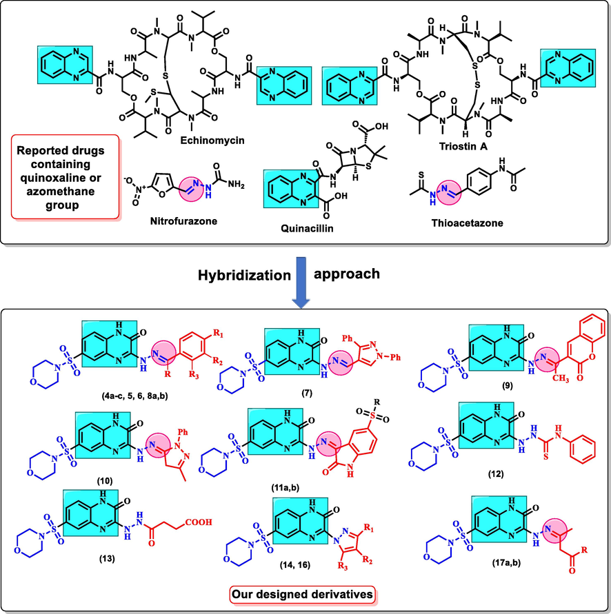 Rational design of the target quinoxaline derivatives and previously reported quinoxaline or azomethane groups containing drugs.