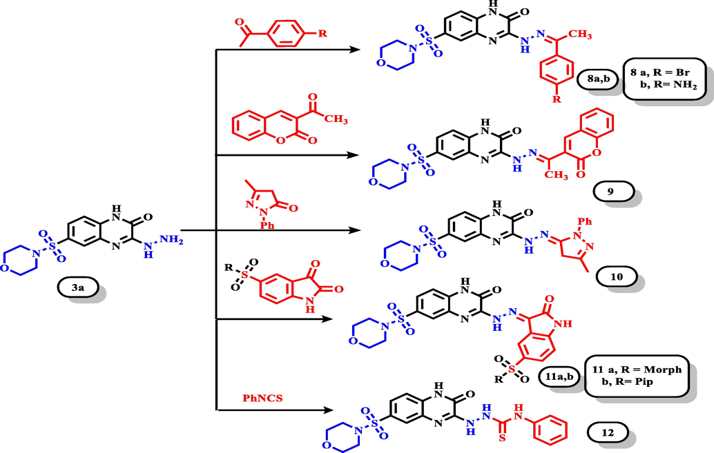 Reaction of 3-(hydrazinyl)quinoxaline derivatives 3a with some acetyl, ketone, and phenyl isothiocyanate to afford the corresponding hydrazones 7–11 and thiosemicarbazide derivative 12.
