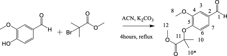 Synthesis of methyl 2-(4-formyl-2-methoxyphenoxy)-2-methylpropanoate (J).