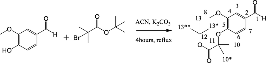 Synthesis of tert-butyl 2-(4-formyl-2-methoxyphenoxy)-2-methylpropanoate(K).