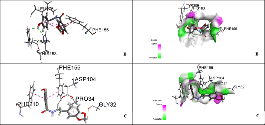 Ligand interaction diagram of B,C, and F with active site of HDAC II receptor.
