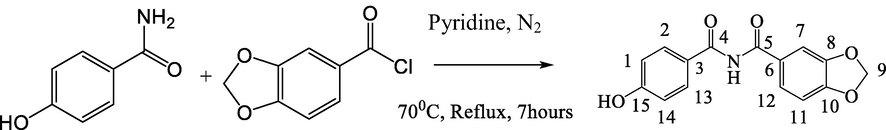 Synthesis of N-(4-hydroxylbenzoyl)-1,3-benzodioxole imide (B).