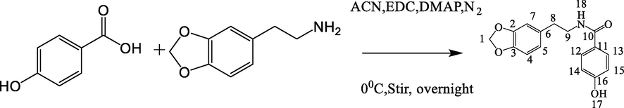 Synthesis of N-(2-(1,3-benzodioxol-5-yl)ethyl-4-hydroxybenzamide.