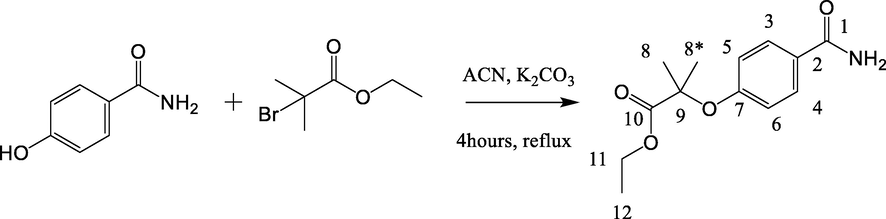 Synthesis of ethyl-2-methylpropanoate 4-oxyl-benzamide (G).