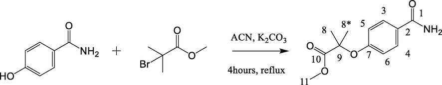 Synthesis of methyl-2-methylpropanoate 4-oxyl-benzamide (H).