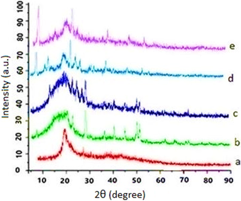 X-ray diffraction of fabricated hydrogels (a) Cs, (b) I, (c) Ie, (d) II and (e) IIe.