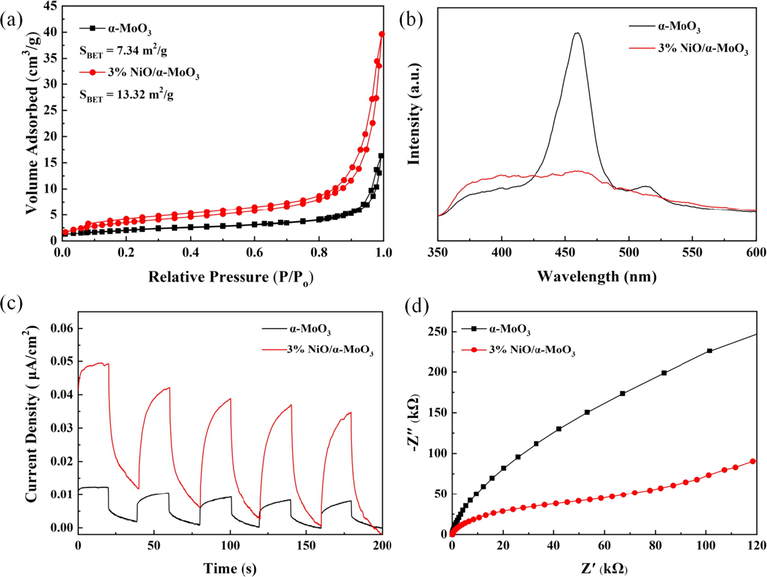 (a) Nitrogen adsorption–desorption isotherms, (b) PL spectra, (c) transient photocurrent responses and (d) EIS Nyquist spectra of bare α-MoO3 and 3% NiO/α-MoO3 heterojunction.