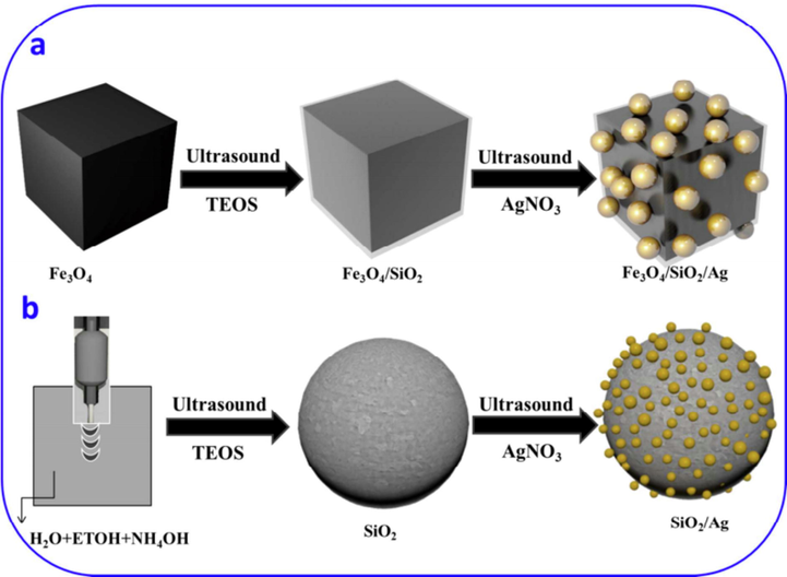 Schematic diagram illustrating the synthesis process of (a) the silver-decorated silica-coated iron oxide (Fe3O4/SiO2/Ag) nanocubes and (b) the silver-decorated silica (SiO2/Ag).