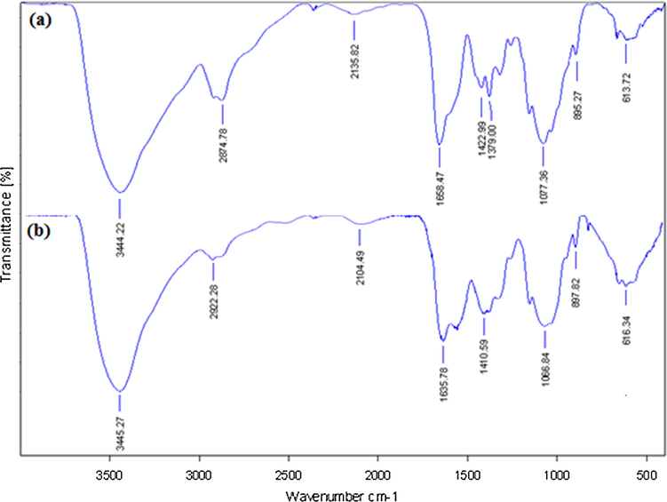 FT-IR analysis of pectin (a) and Au NPs@PEC (b).