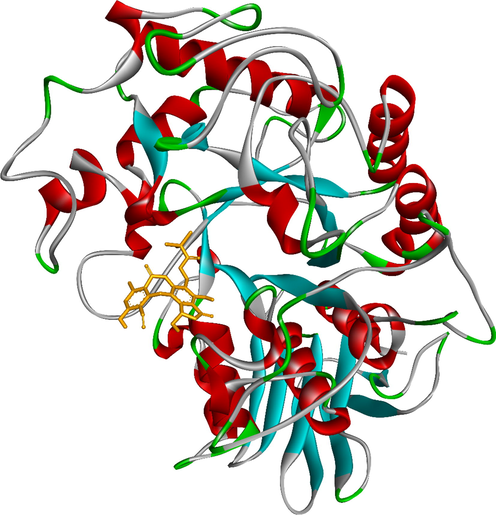 The most stable conformation, ranked pose 150/200, 2a anchored in receptor (5KEZ: PDB), one crystal structure of α-glucosidase enzyme.