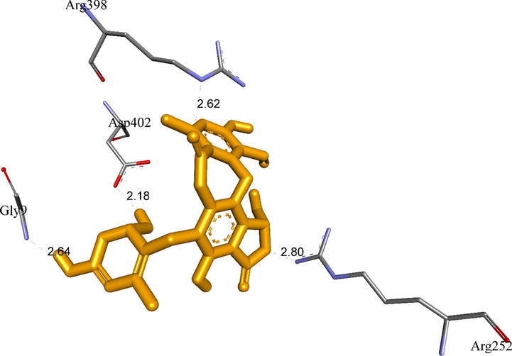 The active amino acids of enzyme 5KEZ bound to active atoms in pose 13 of ligand 5.