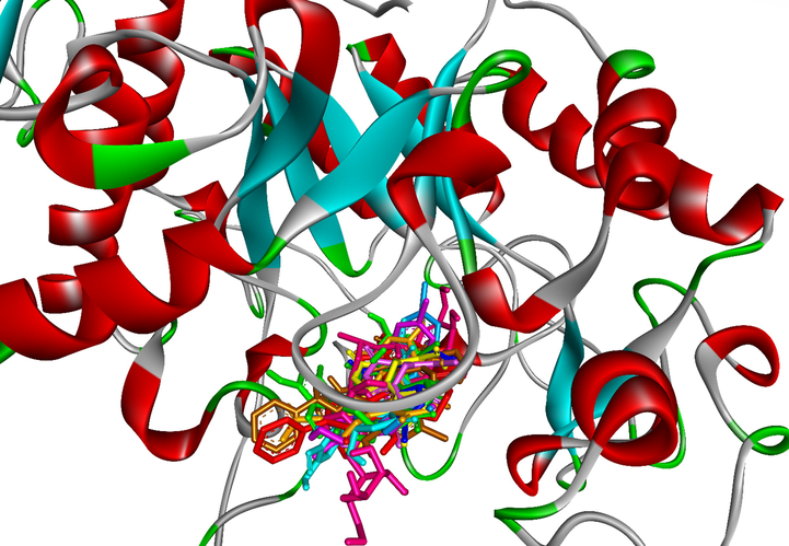 The docking poses of ligands, 1a-1c, 2a-2b, 3a-3b, 4a-4b, 5 and Acarbose docked to the same cavity in a pocket enzyme of receptor, 5KEZ. Pose 65 or ligand 3b was reference ligand.