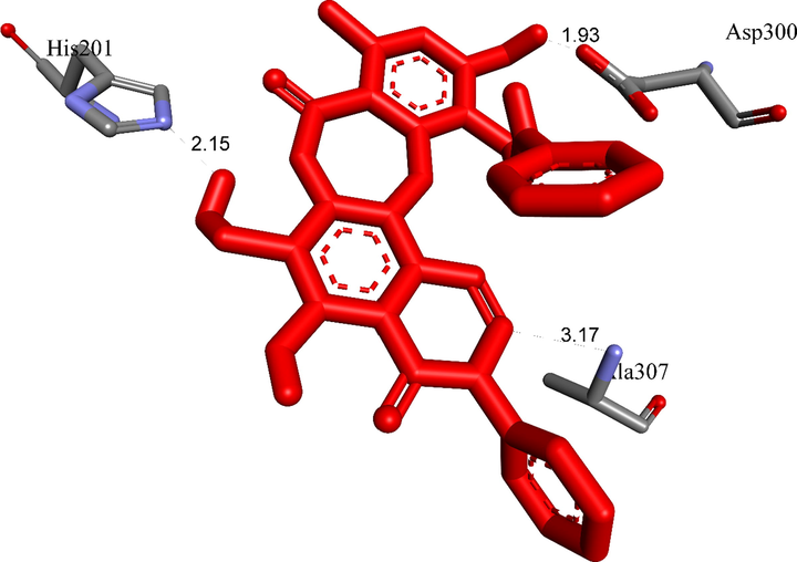 The most stable conformation of ligand 3b formed two hydrogen bonds with active sites of receptor, 5KEZ.