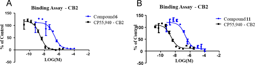 The binding displacement curves obtained when (A) 6 and (B) 11 were rescreened in the cannabinoid receptor 2 radioligand binding assay. CP55,940 was used as a positive control.