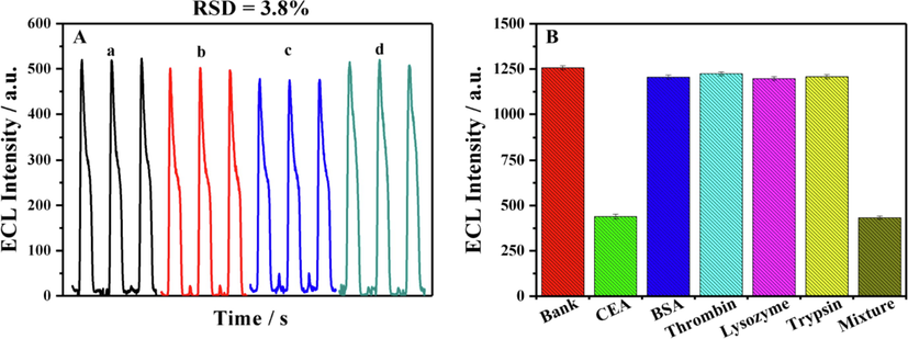 (A) The ECL signals from the four prepared ECL aptasensors for 0.1 ng/mL CEA and (B) the ECL responses of the developed aptasensor after incubating with 1.0 ng/mL CEA, BSA, Thrombin, Trypsin and Lysozyme.