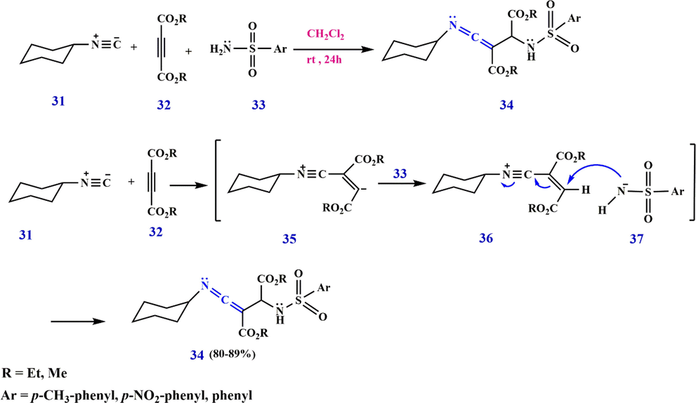 Synthesize ketenimines 34 by cyclohexyl isocyanide.