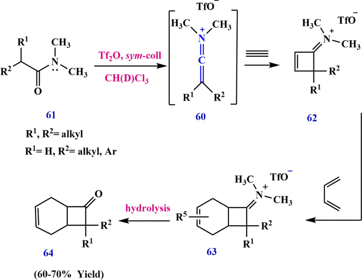 Synthesize cyclobuteniminium salt 62 from keteniminium salt.