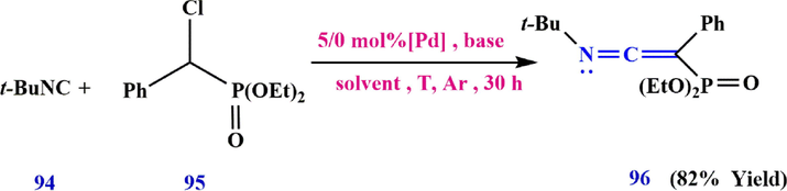 Synthesis diethyl (2-(tert-butylimino)-1-phenylvinyl) phosphonate 96.