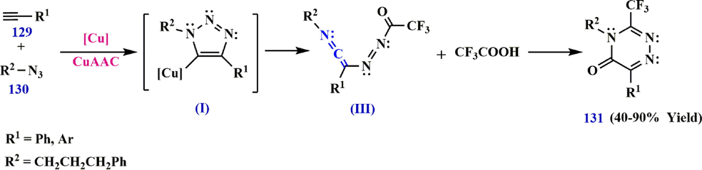 Synthesize 3-trifluoromethyl-substituted 1,2,4-triazinone 131.